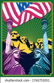 Psychedelic Liberty Independence Day Poster, Statues of Liberty, Rushmore Mount, USA Flag