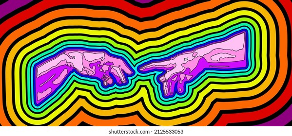 Pintura de línea psicodélica de ilustraciones vectoriales de manos que llegan al tacto. Diseño conceptual de líneas coloridas con trazo negro.