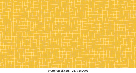 Psychedelic line checker background in yellow with wavy abstract grid pattern. Psychedelic line grid in retro groovy vector style. Great for posters, textiles, or digital artwork.