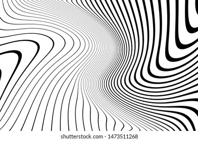 Psychedelic lines. Abstract pattern. Texture with wavy, curves stripes. Optical art background. Wave design black and white. Vector illustration.   