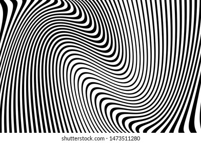 Psychedelic lines. Abstract pattern. Texture with wavy, curves stripes. Optical art background. Wave design black and white. Vector illustration.   