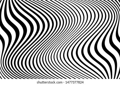 Psychedelic lines. Abstract pattern. Texture with wavy, curves stripes. Optical art background. Wave design black and white. Vector illustration.   