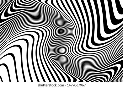 Psychedelic lines. Abstract pattern. Texture with wavy, curves stripes. Optical art background. Wave design black and white. Vector illustration.   