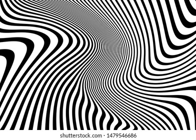 Psychedelic lines. Abstract pattern. Texture with wavy, curves stripes. Optical art background. Wave design black and white. Vector illustration.   