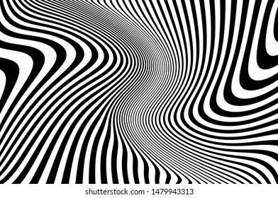 Psychedelic Lines. Abstract Pattern. Texture With Wavy, Curves Stripes. Optical Art Background. Wave Design Black And White. Vector Illustration.