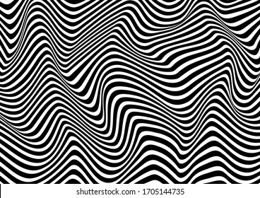 Lignes psychédéliques. Motif abstrait. Texture avec bandes ondulées et courbes. Arrière-plan art optique. Création d'onde en noir et blanc. Illustration vectorielle