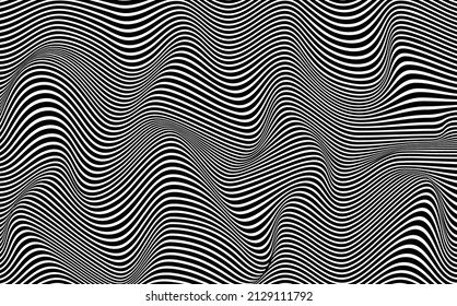 Psychedelic lines. Abstract pattern. Texture with wavy banner, curves stripes. Optical art background. Wave black and white design, Vector illustration hypnotic template