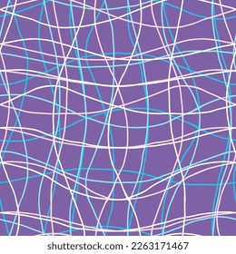 Psychedelic lines chaotic seamless pattern. Retro groovy waves. Grunge geometry texture for textile, paper, fabric. Twisted check vector. Simple abstract hypnotic surface 