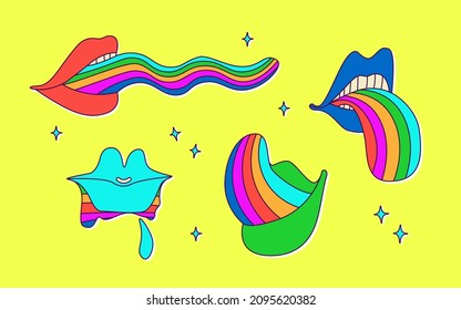 Psychedelische Lippen mit Regenbogenzunge. Klassische Cartoon, Vektorgrafik mehrfarbiger Neongrafik. Hippie Vintage Design.