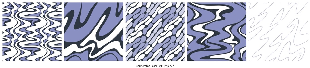 Psychedelic, liquid ripple seamless pattern set in trendy soft purple, black and white colors. Abstract vector backgrounds with wavy shapes. Colourful design for product packaging or fashion fabric.