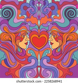 Psychedelic love illustration. Vector hand drawn  heart illustration. 