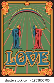 Psychedelic Love Poster, Women and Art Nouveau Frame