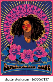 Psychedelic Love Vintage Style Poster, Black Woman, Roses, Sunglasses, Nimbus, Colorful Ornament Background