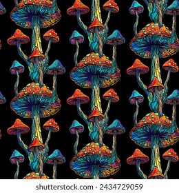 Psychedelic magic glowing mushrooms. Fly agarics. Amanita. Seamless vector pattern - goa trance music, hanging out shindig, going out, the gang, rave get together culture. Hippie Hashish 60s