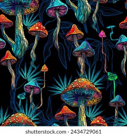 Psychedelic magic glowing mushrooms. Fly agarics. Amanita. Seamless vector pattern - goa trance music, hanging out shindig, going out, the gang, rave get together culture. Hippie Hashish 60s