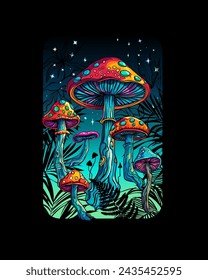 Psychedelic magic glowing mushrooms. Fly agarics. Amanita. Goa trance music, hanging out shindig, going out, the gang, rave get together culture. Hippie Hashish 60s. Fashionable modern print