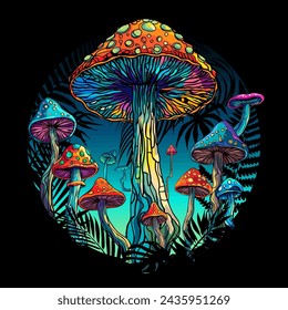 Psychedelic magic glowing mushrooms. Fly agarics. Amanita. Goa trance music, hanging out shindig, going out, rave get together culture. Hippie 60s. Fashionable modern print