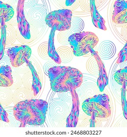 Psychedelic magic glowing mushrooms. Fly agarics. Amanita. Seamless vector pattern - goa trance music, hanging out shindig, going out, the gang, rave get together culture. Hippie retro style 60s, 70s 