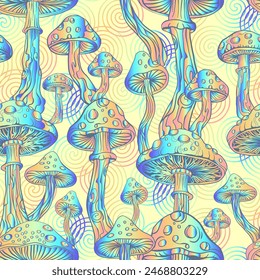 Psychedelic magic glowing mushrooms. Fly agarics. Amanita. Seamless vector pattern - goa trance music, hanging out shindig, going out, the gang, rave get together culture. Hippie retro style 60s, 70s 