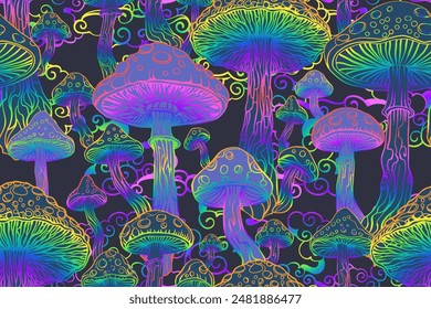 Psychedelic magic glowing mushrooms. Fly agarics. Amanita. Seamless vector pattern - goa trance music, hanging out shindig, going out, the gang, rave get together culture. Hippie retro style 60s, 70s 