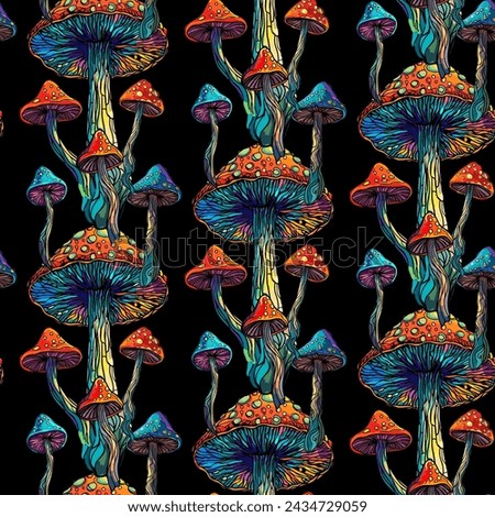 Psychedelic magic glowing mushrooms. Fly agarics. Amanita. Seamless vector pattern - goa trance music, hanging out shindig, going out, the gang, rave get together culture. Hippie Hashish 60s