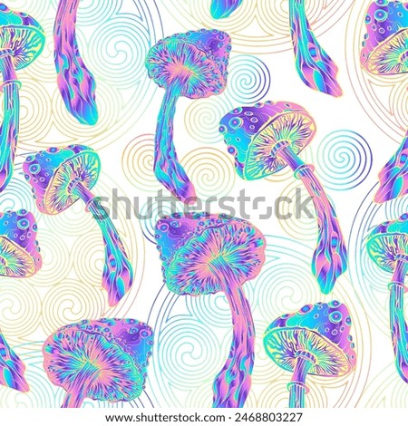 Psychedelic magic glowing mushrooms. Fly agarics. Amanita. Seamless vector pattern - goa trance music, hanging out shindig, going out, the gang, rave get together culture. Hippie retro style 60s, 70s 