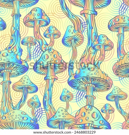 Psychedelic magic glowing mushrooms. Fly agarics. Amanita. Seamless vector pattern - goa trance music, hanging out shindig, going out, the gang, rave get together culture. Hippie retro style 60s, 70s 