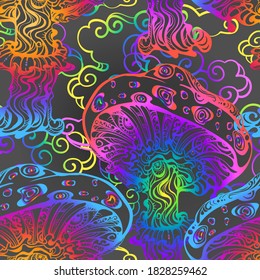 Psychedelic magic glowing mushrooms. Seamless pattern - goa trance music, hanging out, shindig, going out, the gang, rave, get together, culture. Hippie. Hashish. 60s
