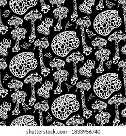 Psychedelic Magic Glowing Mushrooms. Seamless Pattern - Goa Trance Music, Hanging Out Shindig, Going Out, The Gang. Goa Trance Art. Hippie Hashish 60s