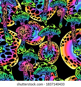 Psychedelic magic glowing mushrooms. Seamless pattern - goa trance music, hanging out, shindig, going out, the gang, rave, get together, culture. Hippie. Hashish 60s