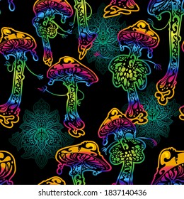 Psychedelic magic glowing mushrooms. Seamless pattern - goa trance music, hanging out, shindig, going out, the gang, rave, get together, culture. Hippie. Hashish 60s