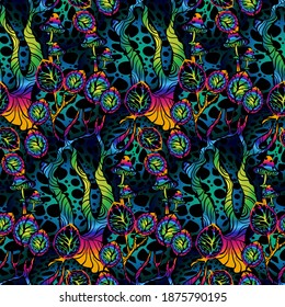 Psychedelic magic glowing mushrooms. Seamless pattern - goa trance music, hanging out, shindig, going out, the gang, rave, get together, culture. Hippie. Hashish 60s