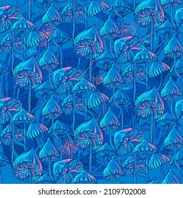 Psychedelic magic glowing mushrooms. Seamless pattern - goa trance music, hanging out, shindig, going out, the gang, rave, get together, culture. Hippie. Hashish 60s