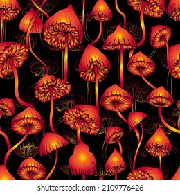 Psychedelic magic glowing mushrooms. Seamless pattern - goa trance music, hanging out, shindig, going out, the gang, rave, get together, culture. Hippie. Hashish 60s