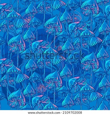 Psychedelic magic glowing mushrooms. Seamless pattern - goa trance music, hanging out, shindig, going out, the gang, rave, get together, culture. Hippie. Hashish 60s
