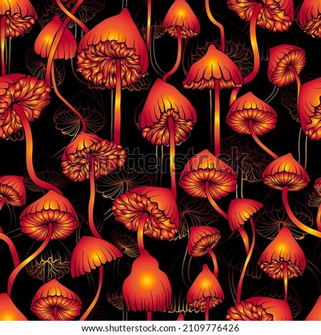 Psychedelic magic glowing mushrooms. Seamless pattern - goa trance music, hanging out, shindig, going out, the gang, rave, get together, culture. Hippie. Hashish 60s