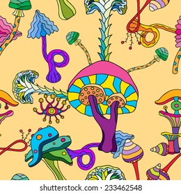 Psychedelic magic mushroom hallucination Mexican ornament seamless pattern vector illustration