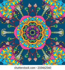 Psychedelic magic mushroom hallucination Mexican ornament seamless pattern vector illustration