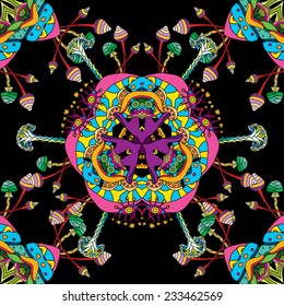 Psychedelic magic mushroom hallucination Mexican ornament seamless pattern vector illustration