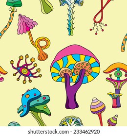 Psychedelic magic mushroom hallucination Mexican ornament seamless pattern vector illustration