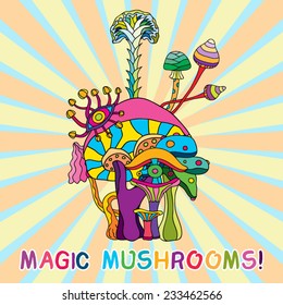 Psychedelic magic mushrooms hallucination Mexican set vector illustration