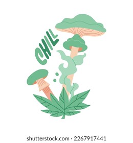 Psychedelic magic mushrooms with lettering text Chill. Vector flat cartoon illustration design.