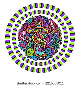 Psychedelic Magic Mushrooms Optical illusion. Vector illustration. Rounded color, Decorative mushrooms, hippie, hallucination, psilocybin. 60s, 70s
