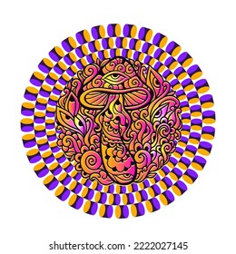Psychedelic Magic Mushrooms Optical illusion. Vector illustration. Rounded color, Decorative mushrooms, hippie, hallucination, psilocybin. 60s, 70s
