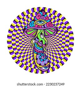 Psychedelic Magic Mushrooms Optical illusion. Vector illustration. Rounded color, Decorative mushrooms, hippie, hallucination, psilocybin. 60s, 70s
