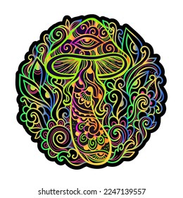 Psychedelic Magic Mushrooms Optical illusion. Vector illustration.  Decorative doodle mushrooms, hippie, hallucination, psilocybin. 60s, 70s