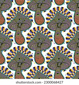 Psychedelic Magic Mushrooms Optical illusion Pattern. Vector illustration. Rounded color, Decorative mushrooms, hippie, hallucination, psilocybin. 60s 70s