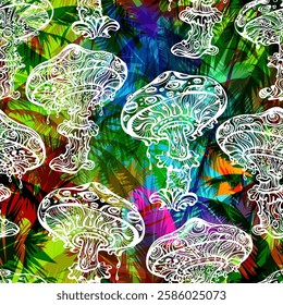 Psychedelic Magic Mushrooms Seamless Pattern – Vibrant Trippy Background with Mystical Fantasy Fungi, Colorful Swirls, and Boho Bohemian Elements. For Fabric, Print, Wallpaper, and Festival Design