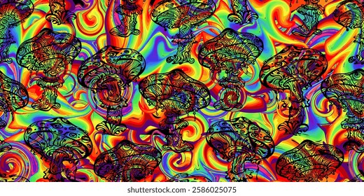 Psychedelic Magic Mushrooms Seamless Pattern – Vibrant Trippy Background with Mystical Fantasy Fungi, Colorful Swirls, and Boho Bohemian Elements. For Fabric, Print, Wallpaper, and Festival Design