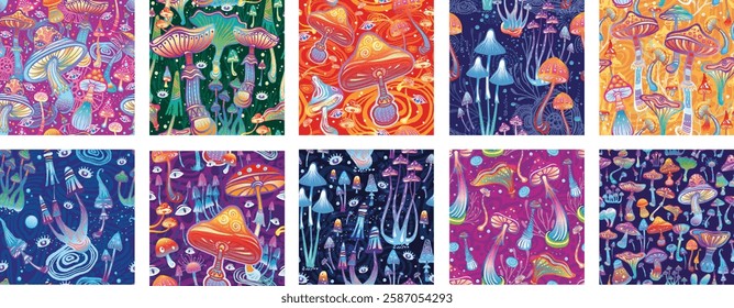 Psychedelic Magic Mushrooms Seamless Pattern Set.
Perfect for textiles, wrapping paper, fabric prints, stationery, and decorative surfaces
